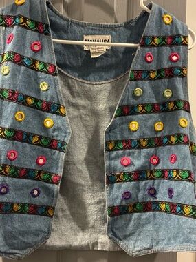 MONA LISA Light Blue Denim Embroidered Vest with Multicolor Accents
